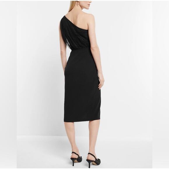 Express Black Mesh Polka Dot One Shoulder Bow Midi Sheath Dress Sz M Holiday - Picture 2 of 9